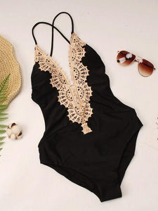 Embroidered Halter Black Triangle One Piece Swimsuit