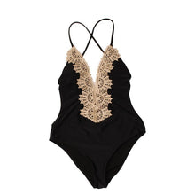 Load image into Gallery viewer, Embroidered Halter Black Triangle One Piece Swimsuit