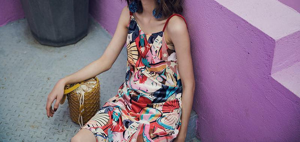 VINTAGE SPAGHETTI STRAPS JAPANESE UKIYOE STYLE BEACH MIDDLE DRESS