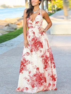 Spaghetti Strap Print Backless Beach Maxi Dress