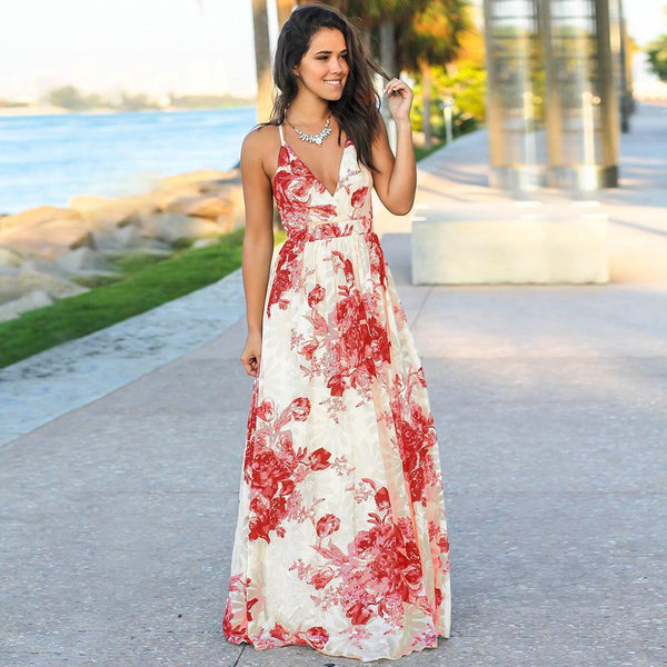 Spaghetti Strap Print Backless Beach Maxi Dress