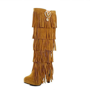 Fringed boots 32-43 large size women s Boots high-heeled waterproof multi-layer tassel high boots
