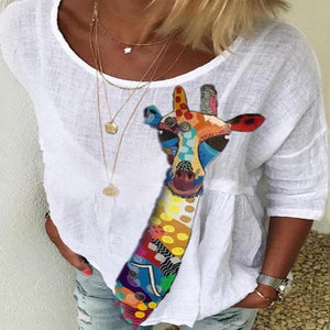 Summer Women Cotton Fawn Print Casual Loose Five-point Sleeve T-shirt