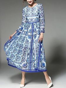 Romantic Blue Flower Print Long Sleeve Round Neck Maxi Dress