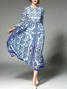 Romantic Blue Flower Print Long Sleeve Round Neck Maxi Dress