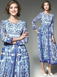 Romantic Blue Flower Print Long Sleeve Round Neck Maxi Dress