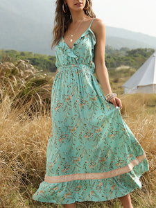 Bohemian Wind Printed Flounced V-neck Suspender Dress