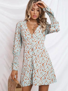 V-neck Floral Long Sleeves Button Front Midi Dress