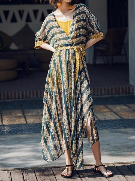 CONTRAST COLOR IRREGULAR SHAPE STRIPE BOHO TWO-PIECE LONG DRESS