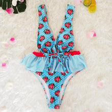 Load image into Gallery viewer, Ruffled Waist Print V-neck Bow Ins Style One Piece Swimsuit