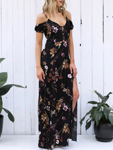 Load image into Gallery viewer, Pretty Floral Black Deep V Neck Off Shoulder Side Split Maxi Dress