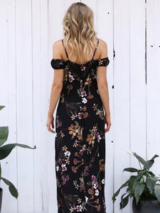 Pretty Floral Black Deep V Neck Off Shoulder Side Split Maxi Dress