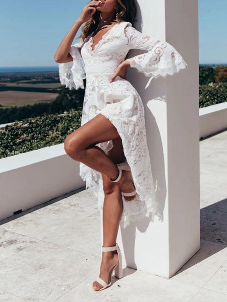 Deep V Lace Horn Sleeve Dress