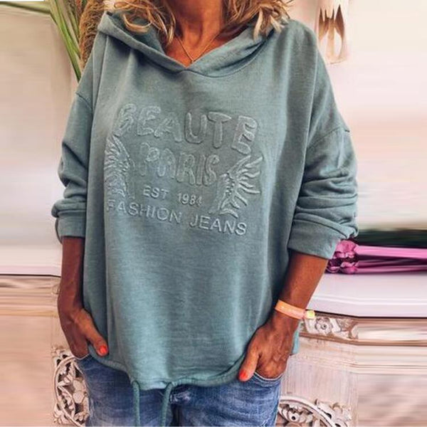 Embossed Hooded Loose Drawstring Sweater Women Sweatshirt