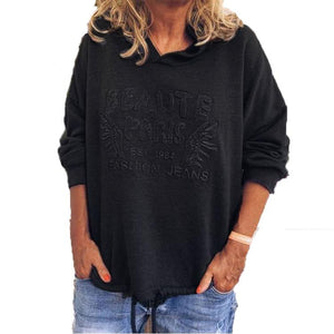 Embossed Hooded Loose Drawstring Sweater Women Sweatshirt