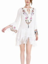 Load image into Gallery viewer, Embroidered Long Sleeve Tassel Beach Mini Dress