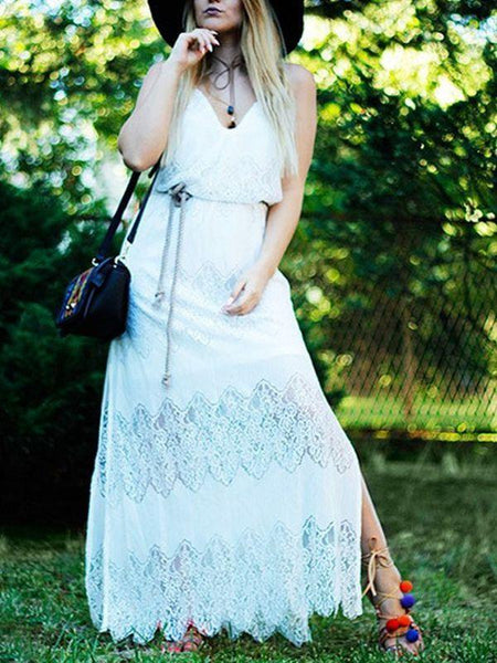 Summer Lace V-Neck Stitching Sling Sexy Backless Beach Dress