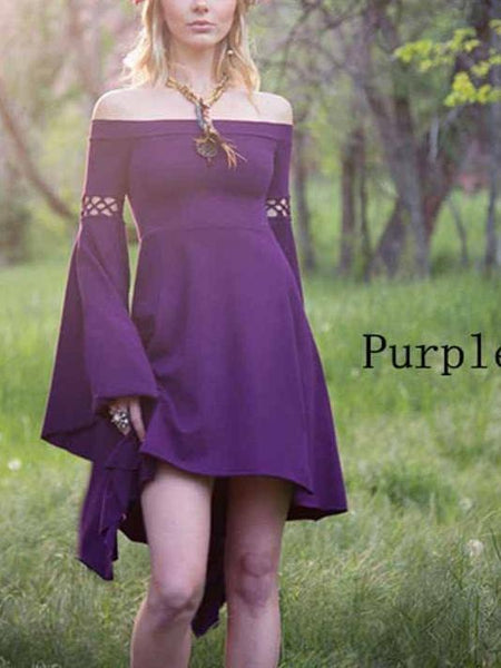 Off Shoulder Long Flared Sleeve Solid Color Mini Dress