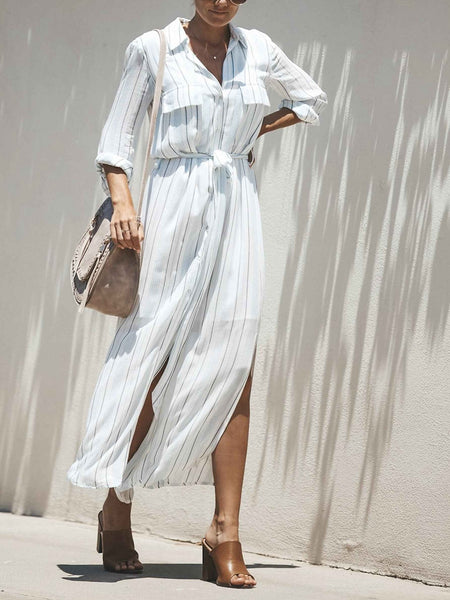 2018 Stripe Long Sleeve Split Maxi Dress