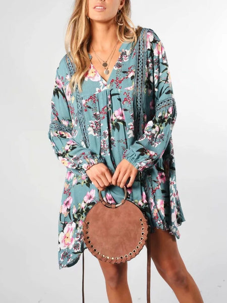 Floral V Neck Long Sleeve Casual Mini Dress