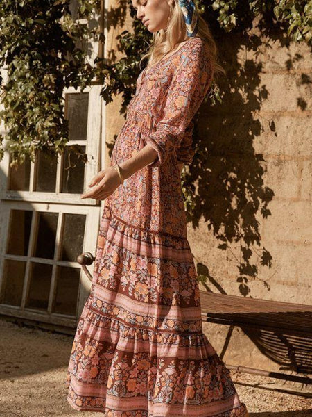 Summer Bohemian Holiday Print V-Neck Long Sleeve Long Dress