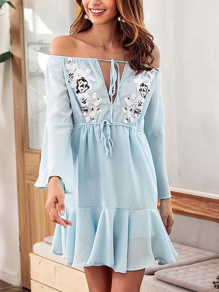 OFF SHOULDER CHIFFON V NECK MINI DRESS