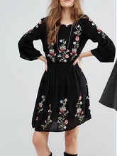 Load image into Gallery viewer, Embroidery Trumpet Sleeves Round Neck Pullover Dress