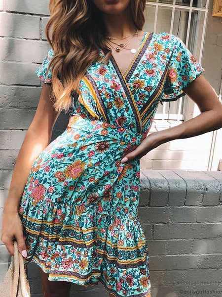 Boho V-neck Floral Print Ruffles Mini Dress