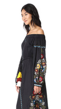 Load image into Gallery viewer, Shoulder-off Bohemian stripes heavy geometric embroidery tassels linen in the long section of the Black dress