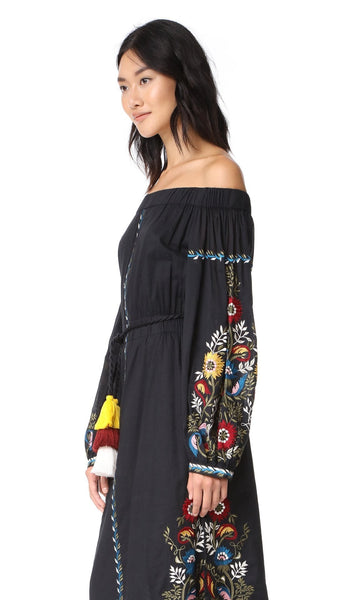 Shoulder-off Bohemian stripes heavy geometric embroidery tassels linen in the long section of the Black dress