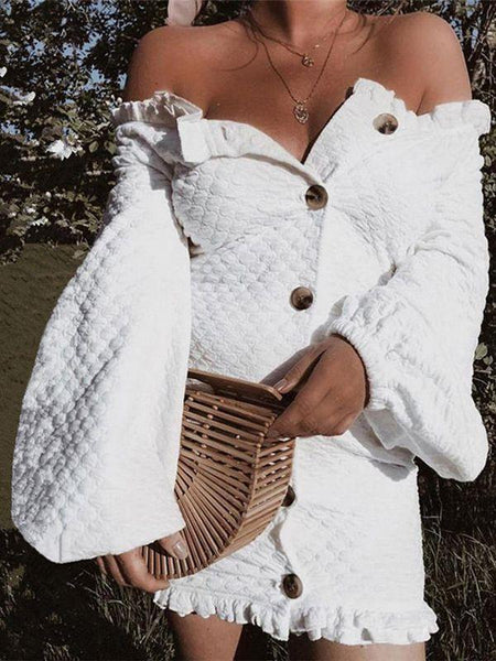 Autumn And Winter  Wooden Ear Lantern Sleeve Single-Breasted Slim Knitted Midi Dress