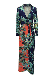 Elegant Floral Print V Neck Long Sleeve Side Split Belted Maxi Long Dress