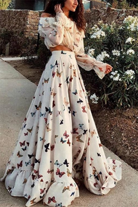 Butterfly Print Off Shoulder Long Sleeve Maxi Dress 2 Pieces Set