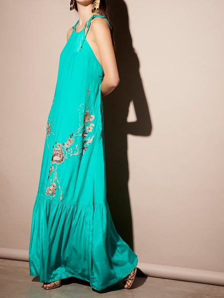 Bright COLOR Embroidered Flower Satin Bohemian Halter Dress