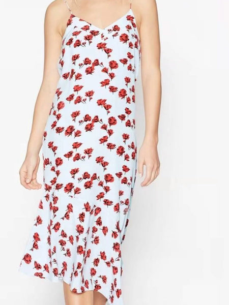 IRREGULAR V-NECK SPAGHETTI STRAPS FLORAL LONG DRESS