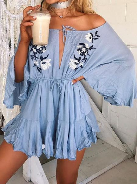 Off Shoulder Long Sleeve Embroidered Short Mini Dress