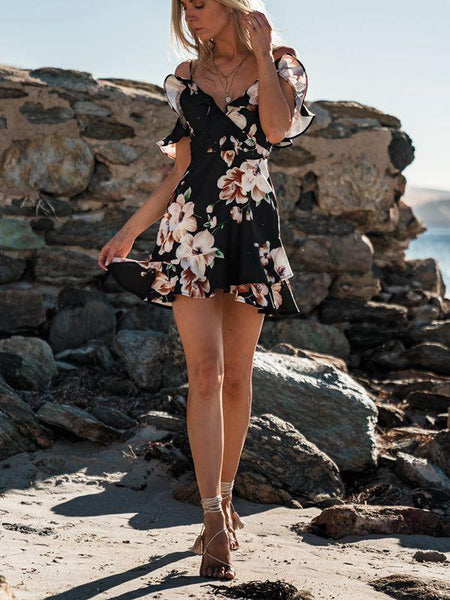 Elegant Sexy Beach Vacacion Sling Retro Ruffled V-Neck Dress