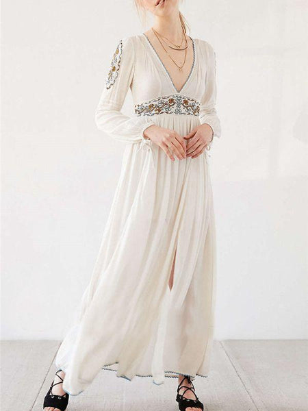 Bohemian Long Sleeve Embroidery Split Long Dress