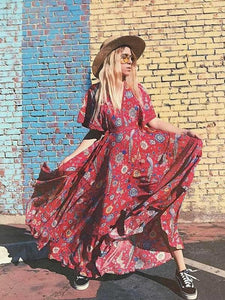 Print V Neck Short Sleeve Summer Boho Dress