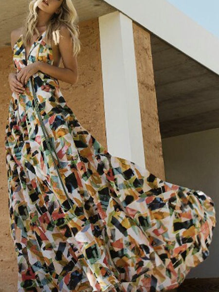 Print Backless Beach Bohemia Maxi Dress