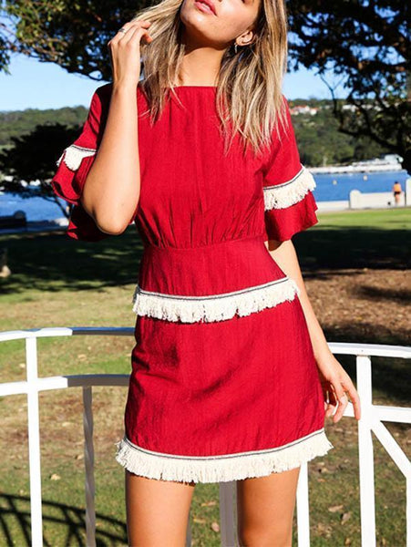 Tassel Split-joint Solid Color Mini Dress