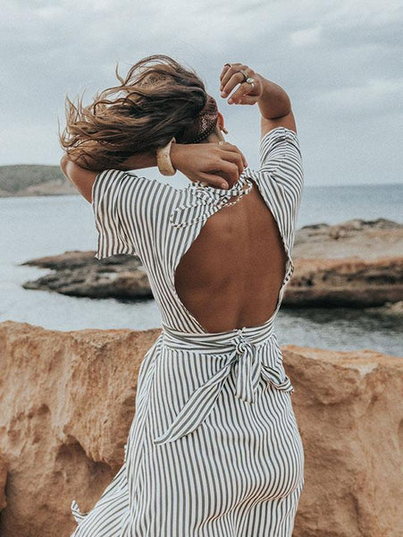 Stripe Backless Short Sleeve Beach Dress
