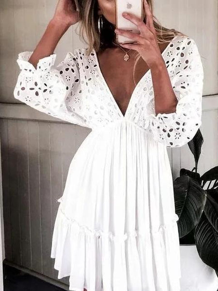 V-Neck Lace Stitching Hollowed Out Waist A-Line Dress