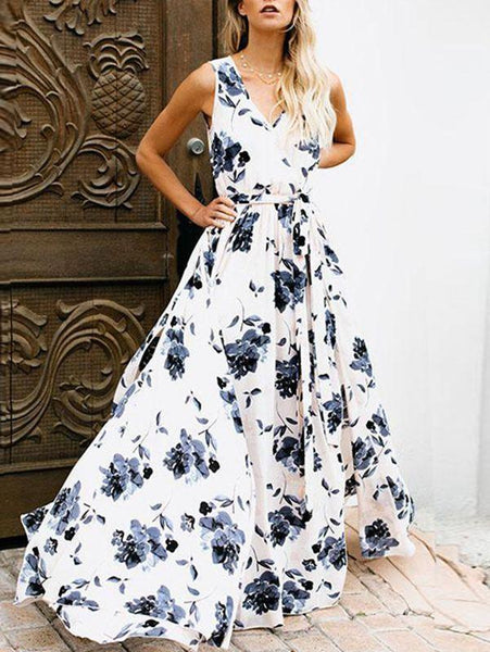 Bohemian Ink Print Irregular Belt Sleeveless V-Neck Long Dress