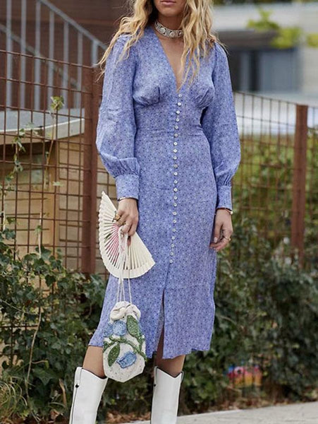 2018 Print V Neck Long Sleeve Button Maxi Dress