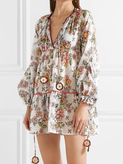 Floral Print V Neck Long Sleeve Bohemia Mini Dress