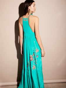 Bright COLOR Embroidered Flower Satin Bohemian Halter Dress