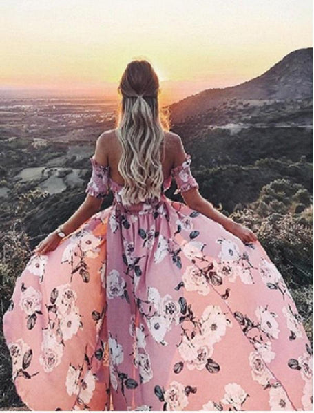 Flower Print Off Shoulder Split Dress