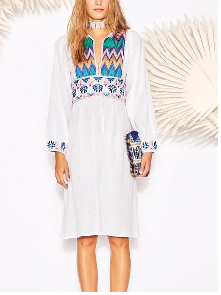 White Embroidered Long Sleeve Dress