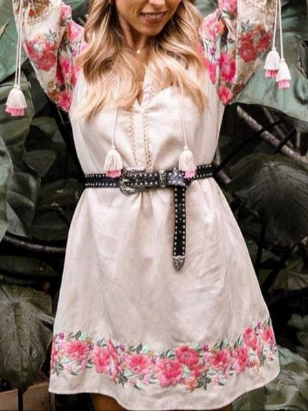 Floral Embroidery Tassel Mini Dress